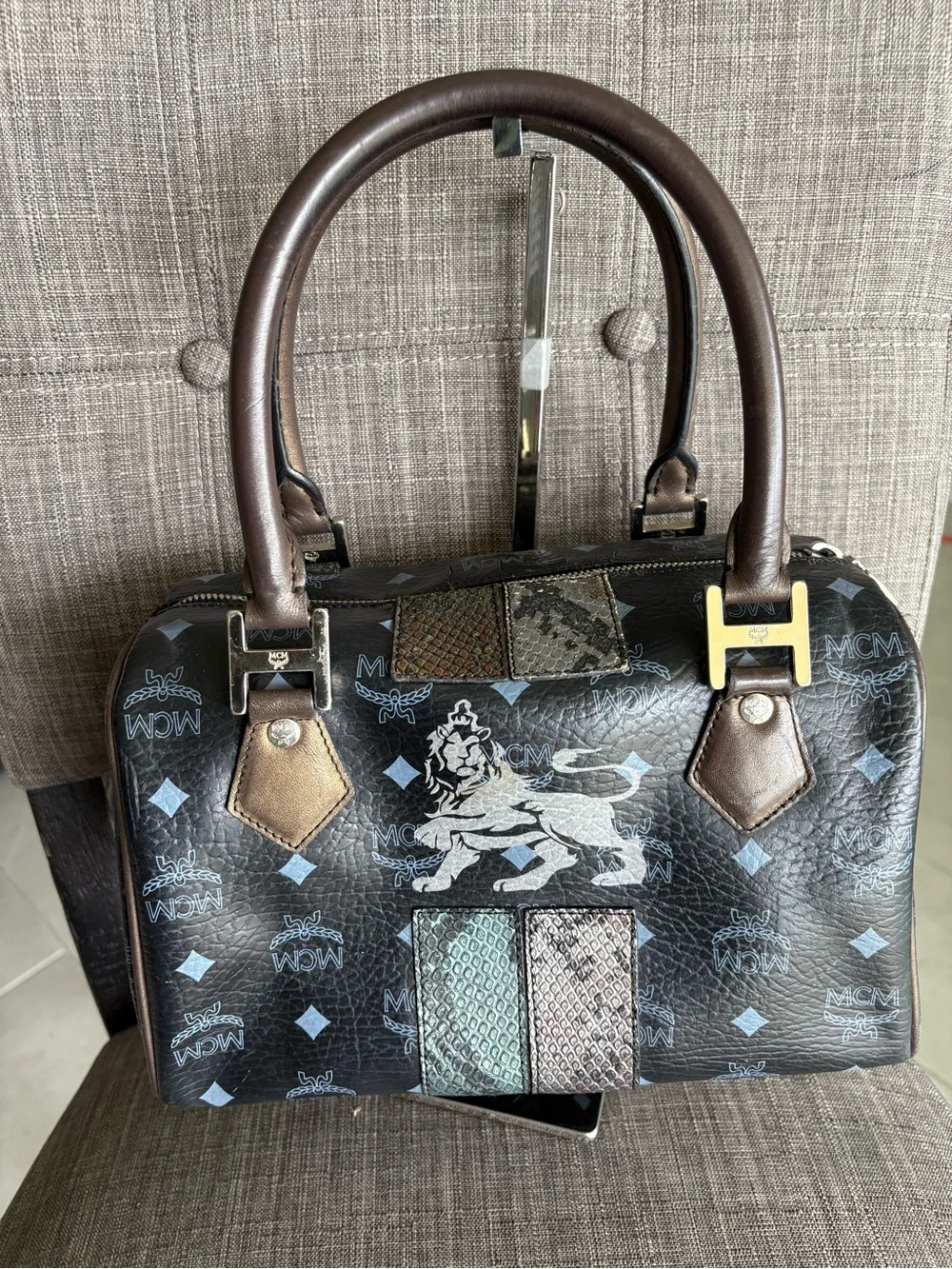 MCM Black Leather Logo Satchel with Brown Handles and Gold Hardware